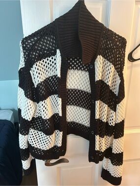 Chunky Open-Knit Stripe Cardigan Sweater - Black & White